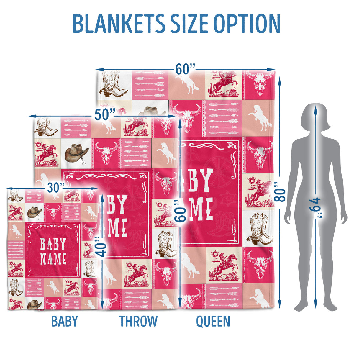 Baby Western Blanket for Girl, Custom Name Fleece Blankets, Pink Western Nursery Decorations, for Family Friends