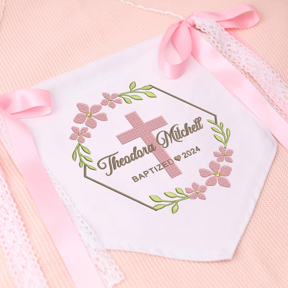 Baptism Banner with Embroidered Cross, Baby Crib Canvas Hanging Pennant Flag, Great Gift For Baby, Newborn Baby Banner with Bows Ribbon