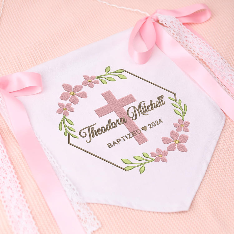 Baptism Banner with Embroidered Cross, Baby Crib Canvas Hanging Pennant Flag, Great Gift For Baby, Newborn Baby Banner with Bows Ribbon