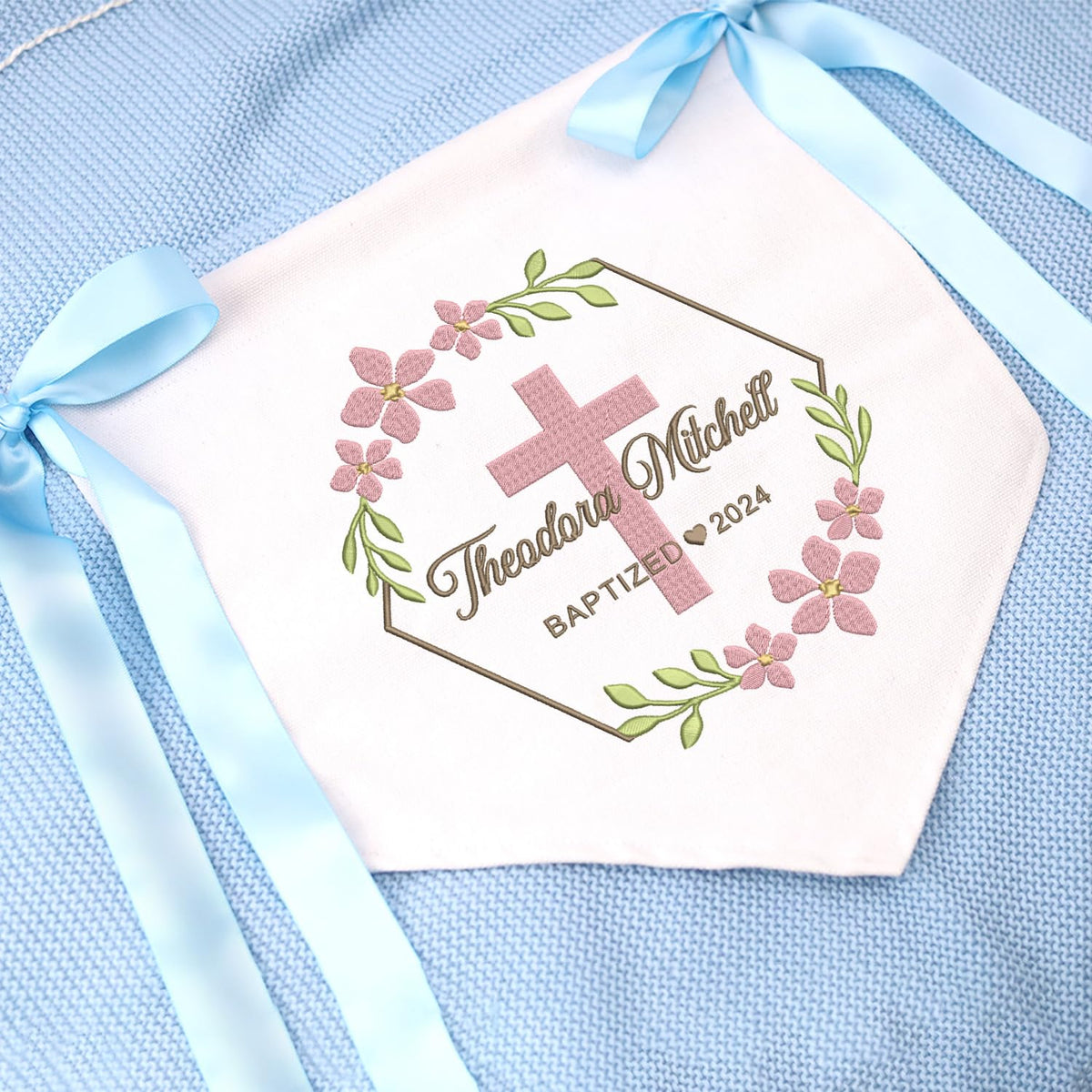 Baptism Banner with Embroidered Cross, Baby Crib Canvas Hanging Pennant Flag, Great Gift For Baby, Newborn Baby Banner with Bows Ribbon