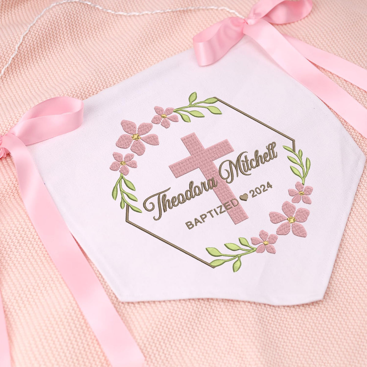 Baptism Banner with Embroidered Cross, Baby Crib Canvas Hanging Pennant Flag, Great Gift For Baby, Newborn Baby Banner with Bows Ribbon