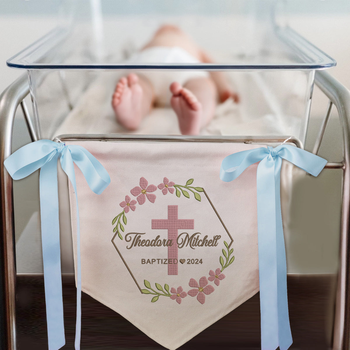 Baptism Banner with Embroidered Cross, Baby Crib Canvas Hanging Pennant Flag, Great Gift For Baby, Newborn Baby Banner with Bows Ribbon