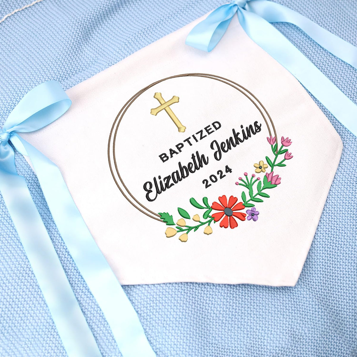Baptism Banner with Embroidered Cross, Baby Crib Canvas Hanging Pennant Flag, Great gift for baby, Newborn Baby Banner with Bows Ribbon
