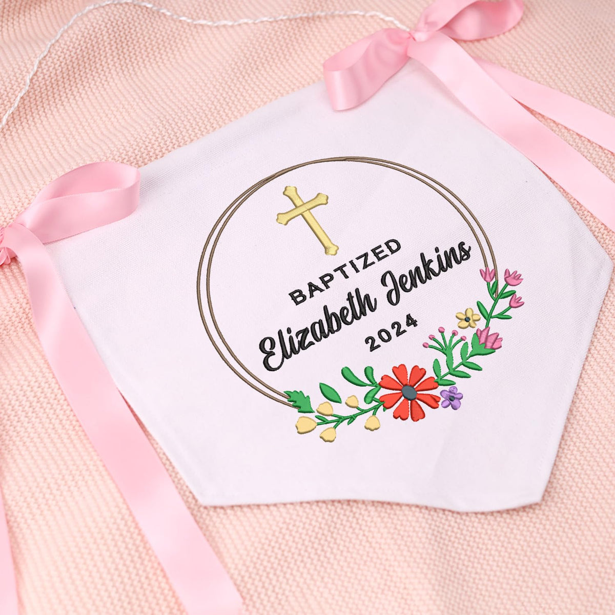 Baptism Banner with Embroidered Cross, Baby Crib Canvas Hanging Pennant Flag, Great gift for baby, Newborn Baby Banner with Bows Ribbon