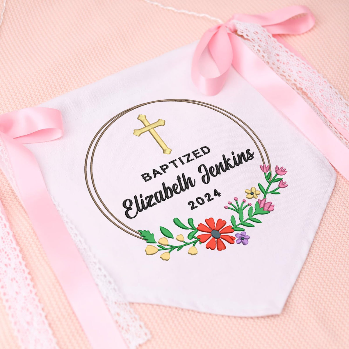 Baptism Banner with Embroidered Cross, Baby Crib Canvas Hanging Pennant Flag, Great gift for baby, Newborn Baby Banner with Bows Ribbon