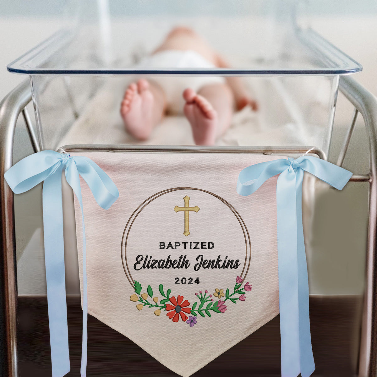 Baptism Banner with Embroidered Cross, Baby Crib Canvas Hanging Pennant Flag, Great gift for baby, Newborn Baby Banner with Bows Ribbon