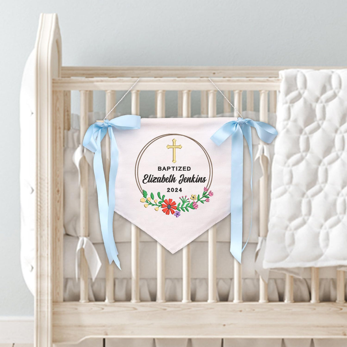 Baptism Banner with Embroidered Cross, Baby Crib Canvas Hanging Pennant Flag, Great gift for baby, Newborn Baby Banner with Bows Ribbon