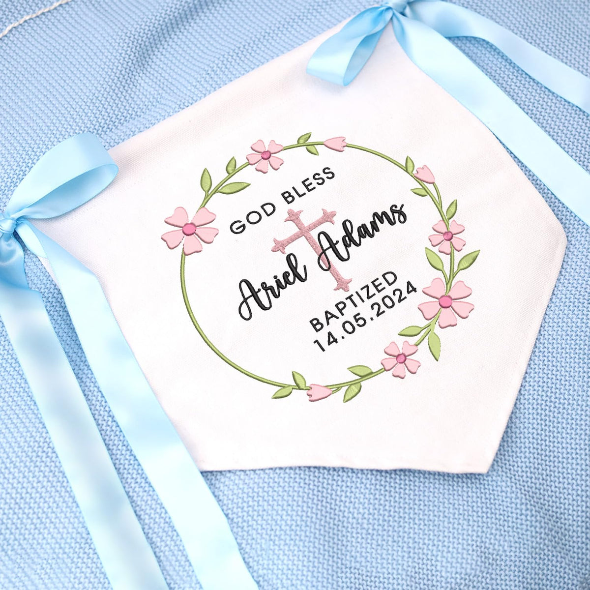 Baptism Banner with Embroidered Cross, Baby Crib Canvas Hanging Pennant Flag, Newborn Baby Banner with Bows Ribbon, Baby Shower Banner, Great gift for baby