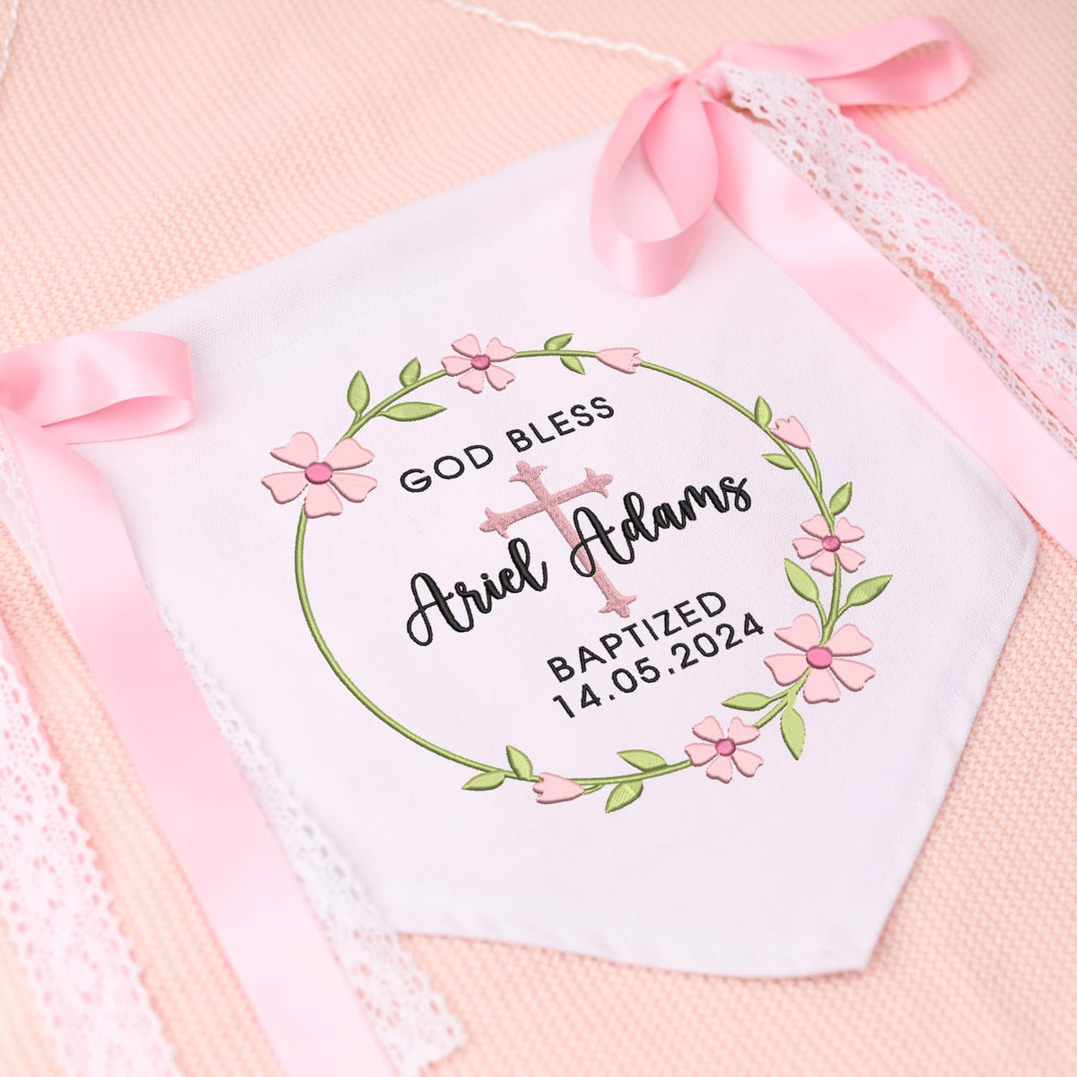 Baptism Banner with Embroidered Cross, Baby Crib Canvas Hanging Pennant Flag, Newborn Baby Banner with Bows Ribbon, Baby Shower Banner, Great gift for baby