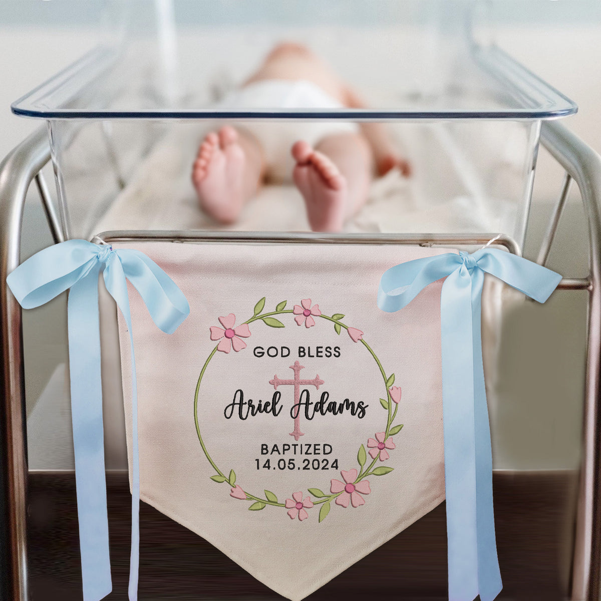 Baptism Banner with Embroidered Cross, Baby Crib Canvas Hanging Pennant Flag, Newborn Baby Banner with Bows Ribbon, Baby Shower Banner, Great gift for baby