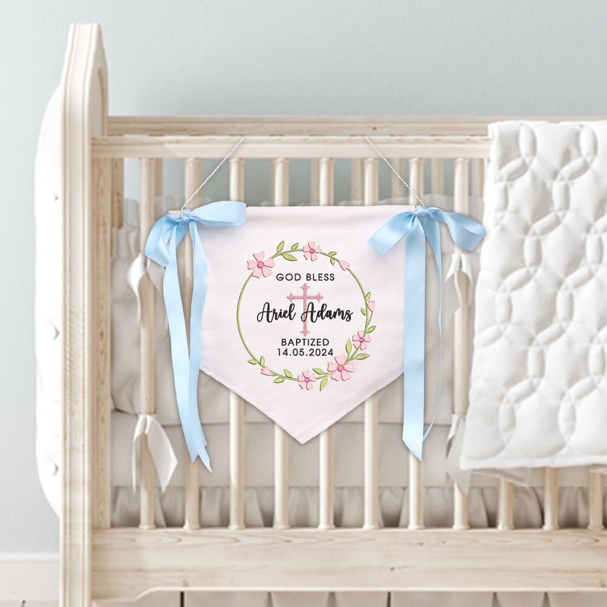 Baptism Banner with Embroidered Cross, Baby Crib Canvas Hanging Pennant Flag, Newborn Baby Banner with Bows Ribbon, Baby Shower Banner, Great gift for baby