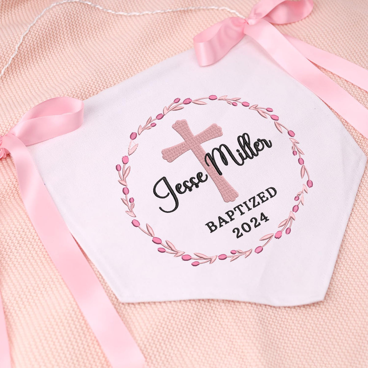 Baptism Banner with Embroidered Cross, Baby Crib Canvas Hanging Pennant Flag, Newborn Baby Banner with Bows Ribbon, Great gift for Baby