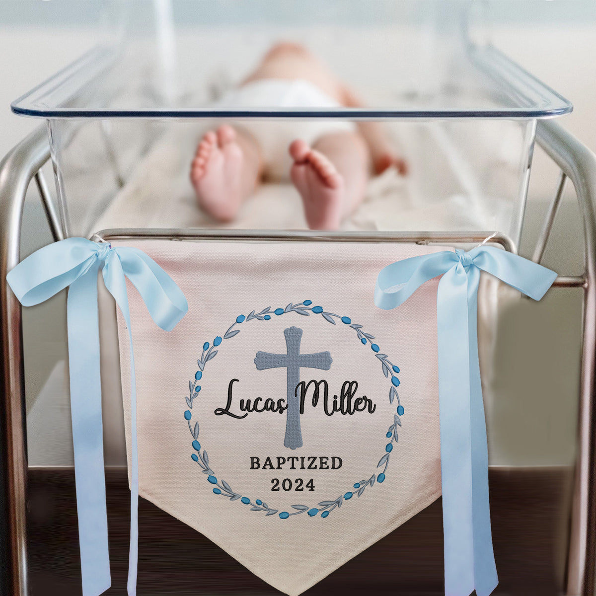 Baptism Banner with Embroidered Cross, Baby Crib Canvas Hanging Pennant Flag, Newborn Baby Banner with Bows Ribbon, Great gift for Baby