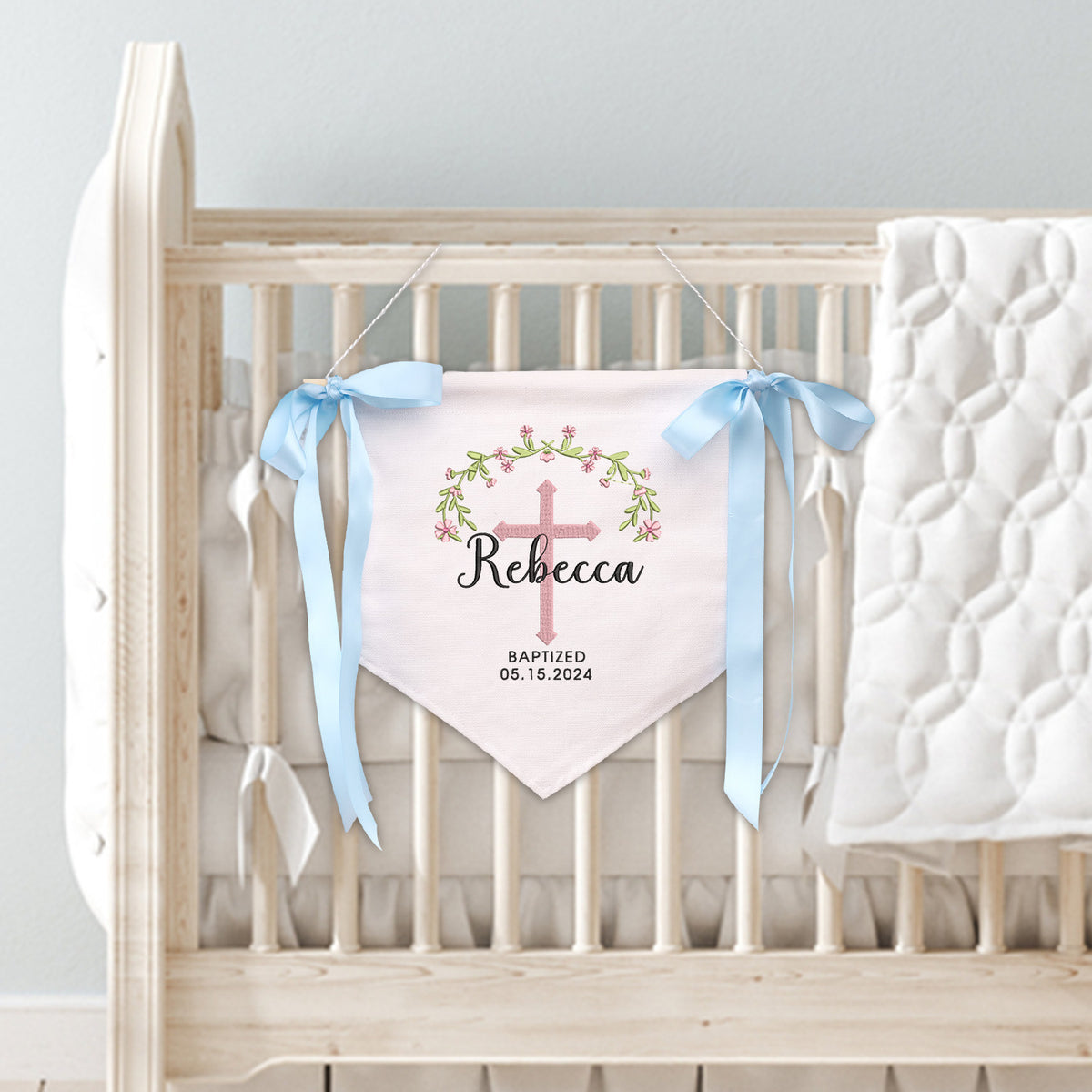Baptism Banner with Embroidered Cross, Great gift for baby, Baby Crib Canvas Hanging Pennant Flag, Newborn Baby Banner with Bows Ribbon, Baby Shower Banner