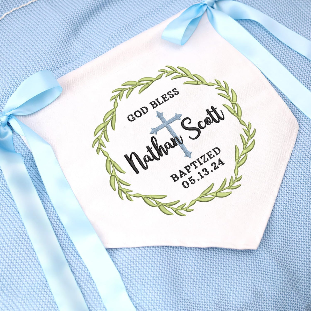 Baptism Banner with Embroidered Cross, Newborn Baby Banner with Bows Ribbon, Baby Crib Canvas Hanging Pennant Flag, Great gift for baby