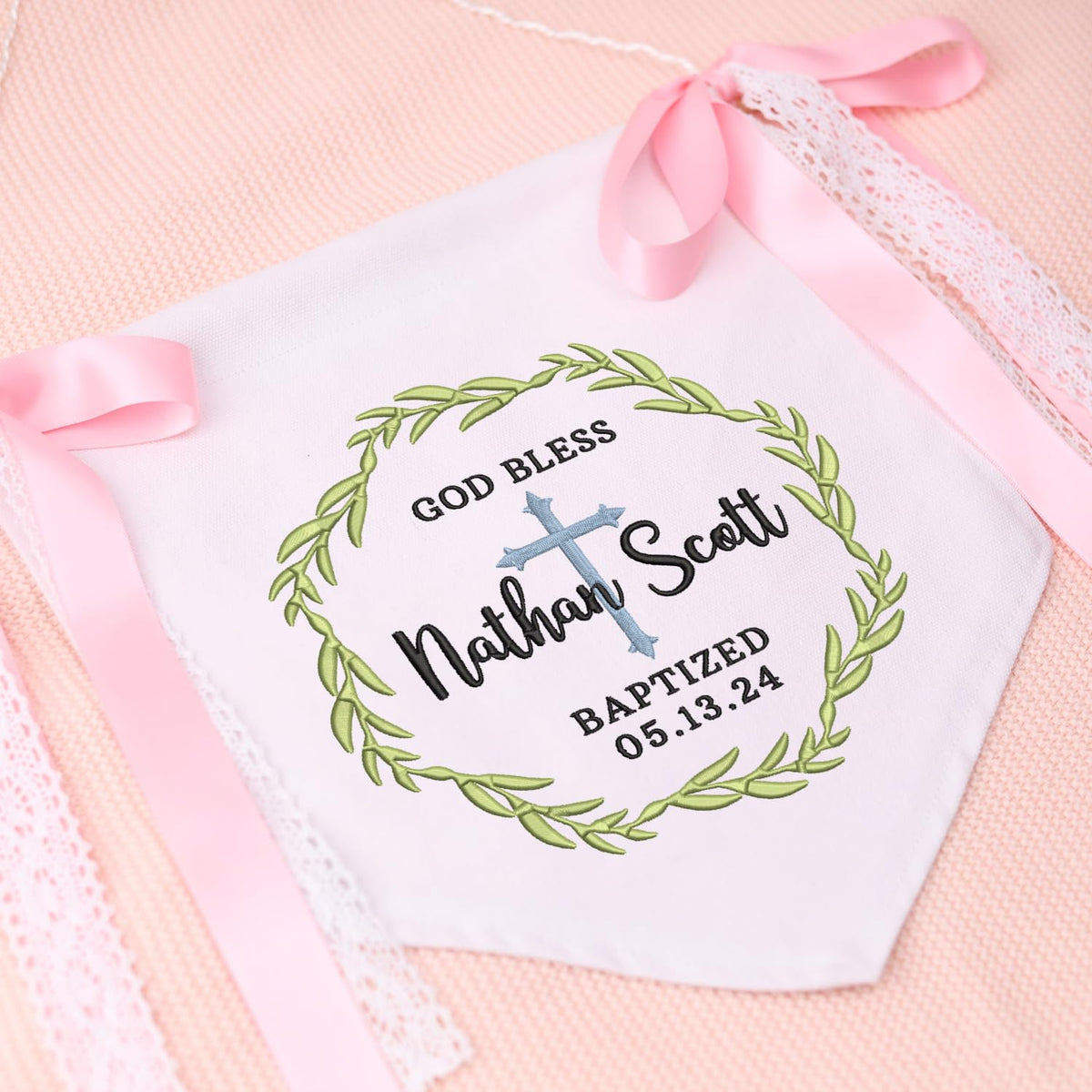 Baptism Banner with Embroidered Cross, Newborn Baby Banner with Bows Ribbon, Baby Crib Canvas Hanging Pennant Flag, Great gift for baby
