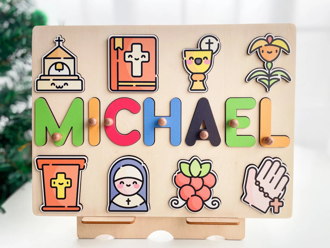 Baptism Gift Boy Girl Baby Dedication Theme Wooden Name Puzzle, Personalized Name Puzzle