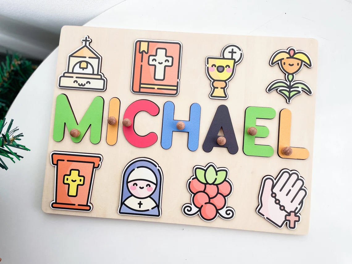 Baptism Gift Boy Girl Baby Dedication Theme Wooden Name Puzzle, Personalized Name Puzzle
