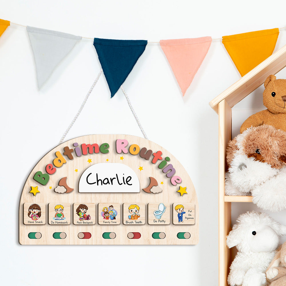 Bedtime Routine Chart for Toddler, Nighttime Routine Board for Kids, Visual Schedule Night to Do Chart, Wooden Schedule Board for Kids