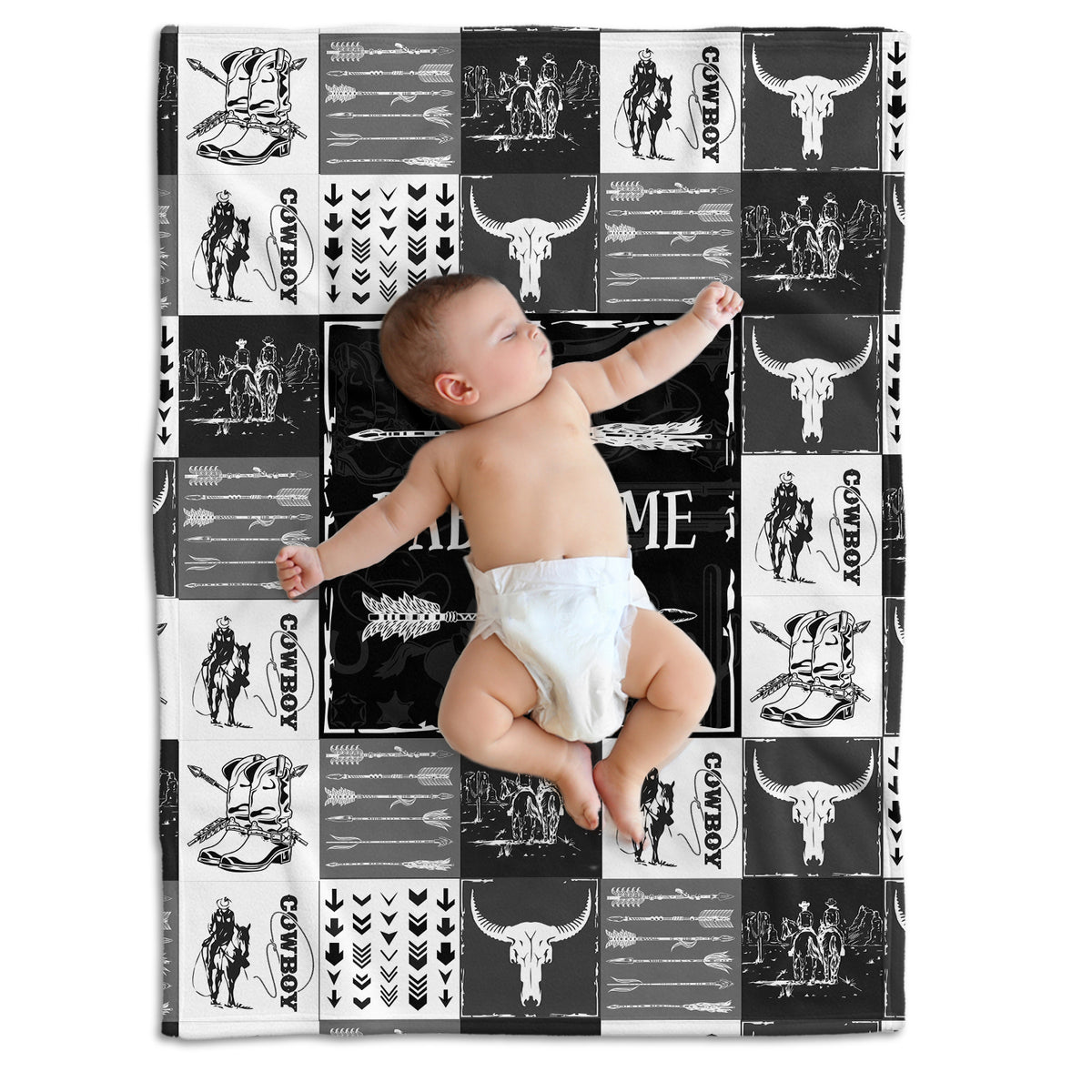 Black Cowboy Blankets Pattern, Personalized Baby Blankets for Boys Girls, Baby Stuff, Custom Baby Blankets Name Fleece Blankets for Son Newborn Infant