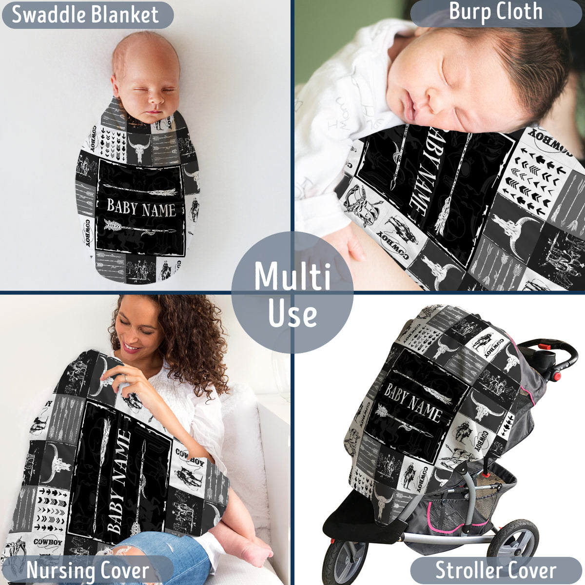 Black Cowboy Blankets Pattern, Personalized Baby Blankets for Boys Girls, Baby Stuff, Custom Baby Blankets Name Fleece Blankets for Son Newborn Infant