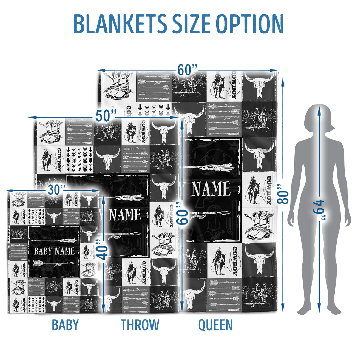 Black Cowboy Blankets Pattern, Personalized Baby Blankets for Boys Girls, Baby Stuff, Custom Baby Blankets Name Fleece Blankets for Son Newborn Infant