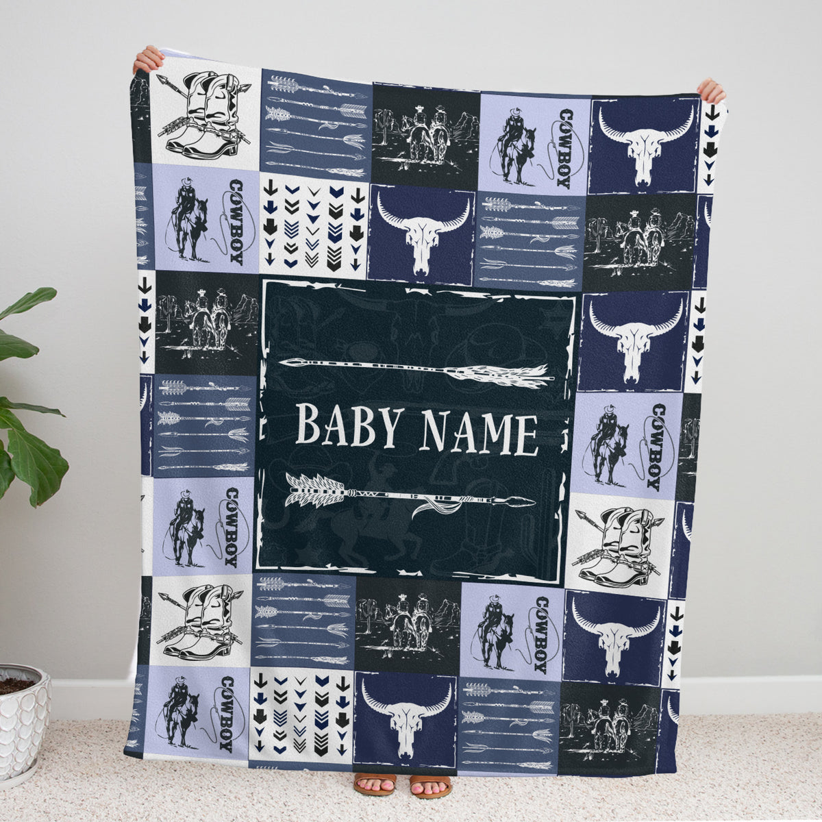 Blue Cowboy Blankets Pattern, Personalized Baby Blankets for Boys Girls, Baby Stuff, Custom Baby Blankets Name Fleece Blankets for Son Newborn Infant