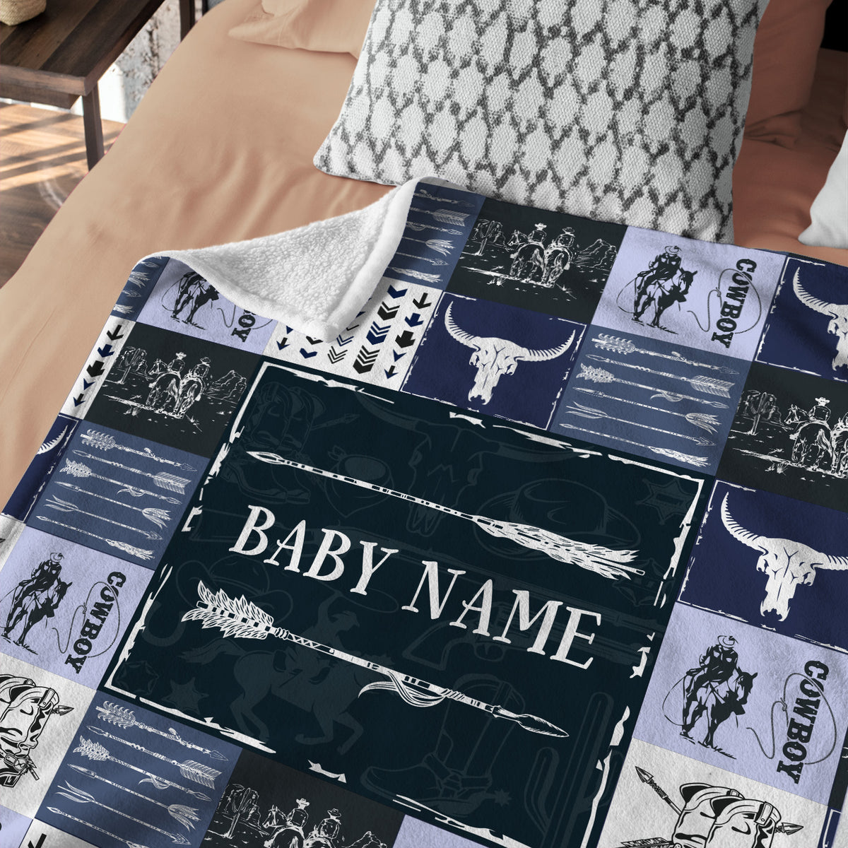 Blue Cowboy Blankets Pattern, Personalized Baby Blankets for Boys Girls, Baby Stuff, Custom Baby Blankets Name Fleece Blankets for Son Newborn Infant