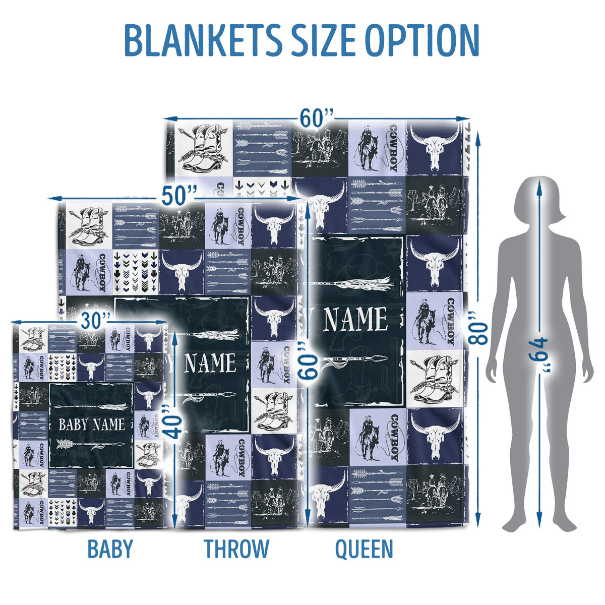Blue Cowboy Blankets Pattern, Personalized Baby Blankets for Boys Girls, Baby Stuff, Custom Baby Blankets Name Fleece Blankets for Son Newborn Infant