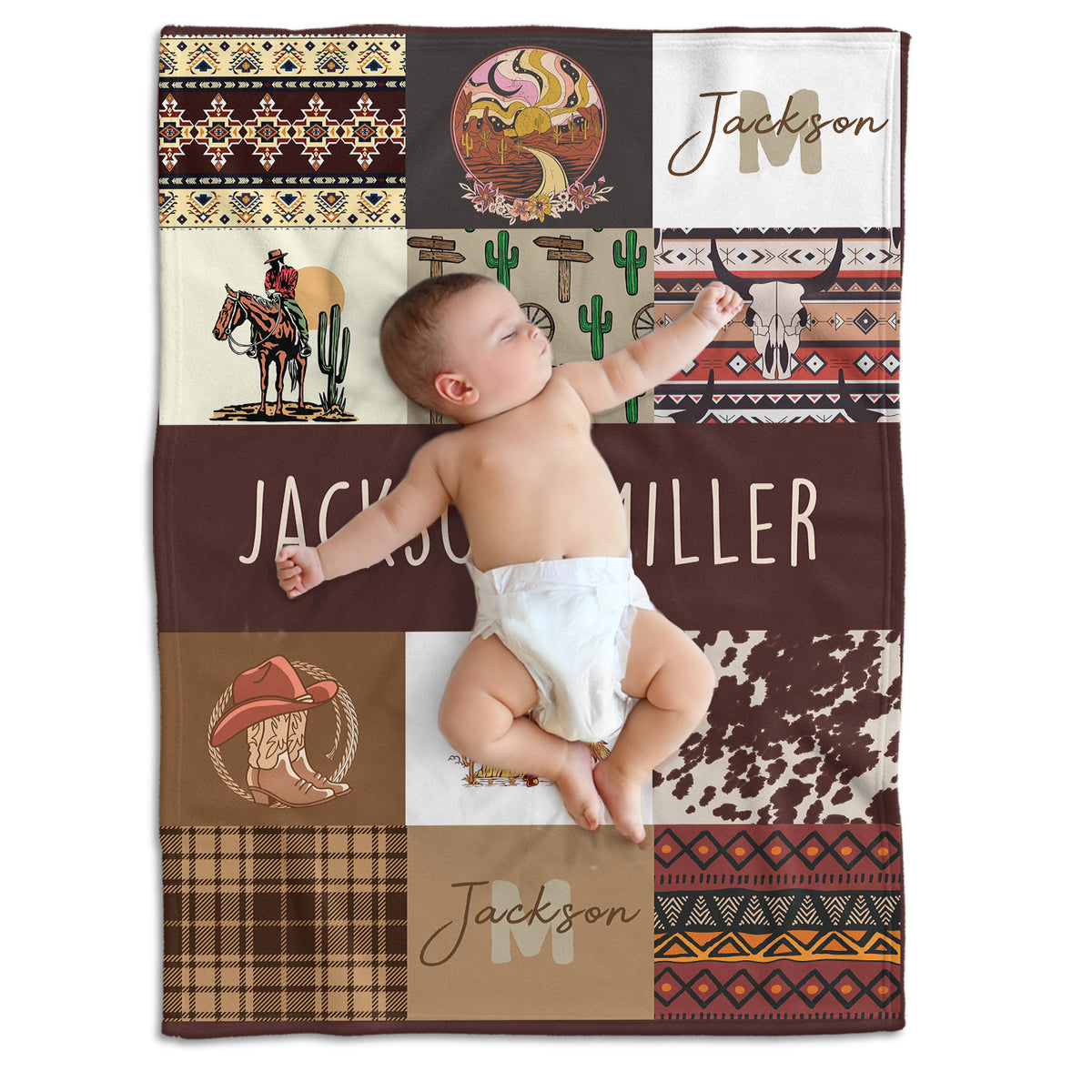Brown Cowboy Blankets Pattern, Baby Stuff, Personalized Baby Blankets for Boys Girls, Fleece Blankets for Son Newborn Infant