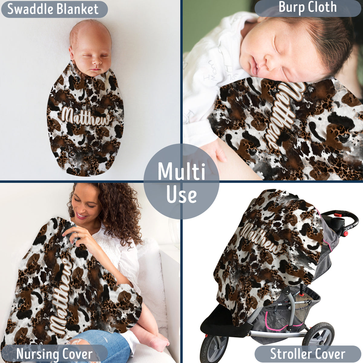 Cow Print Fleece Blankets for Infants & Toddlers, Custom Name - Boys & Girls, Western Cowboy / Cow Stuff