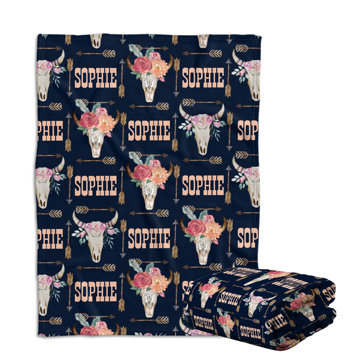 Cow Skull and Flowers Personalized Baby Blankets, Baby Western Blanket Custom Name Fleece Blankets for Infant Newborn Daughter