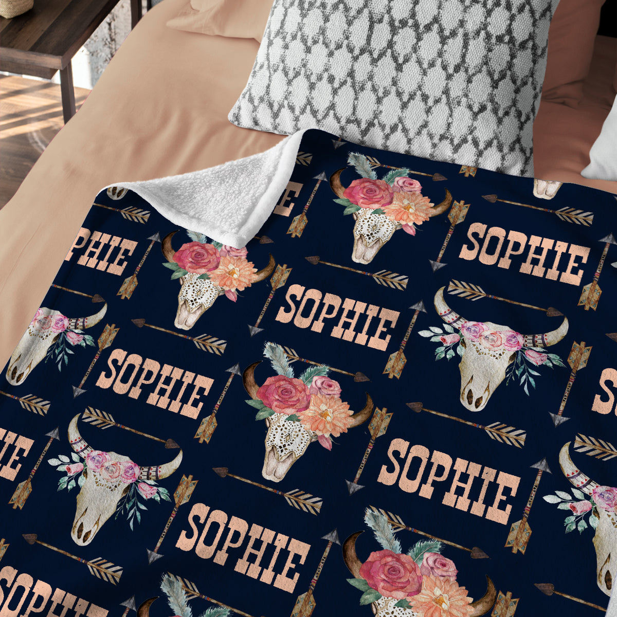 Cow Skull and Flowers Personalized Baby Blankets, Baby Western Blanket Custom Name Fleece Blankets for Infant Newborn Daughter
