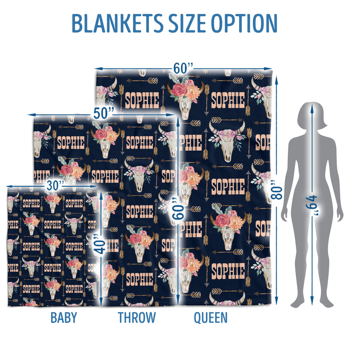 Cow Skull and Flowers Personalized Baby Blankets, Baby Western Blanket Custom Name Fleece Blankets for Infant Newborn Daughter
