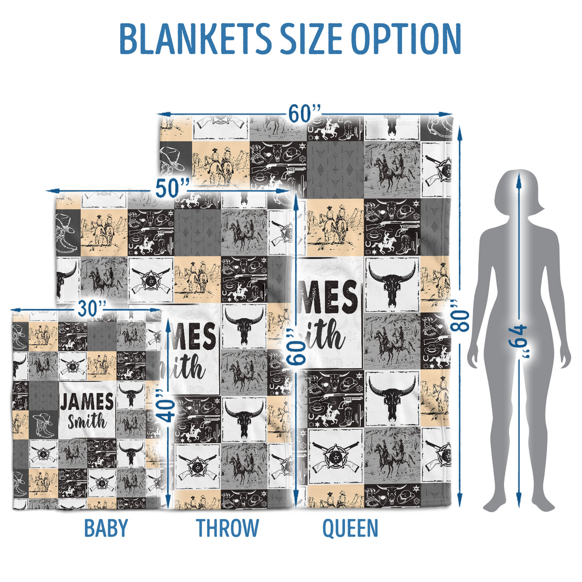 Cowboy Personalized Baby Blanket - Western Fleece Blankets for Boys & Girls, Custom Name, 3 Sizes for Infant Newborn Son & Daughter