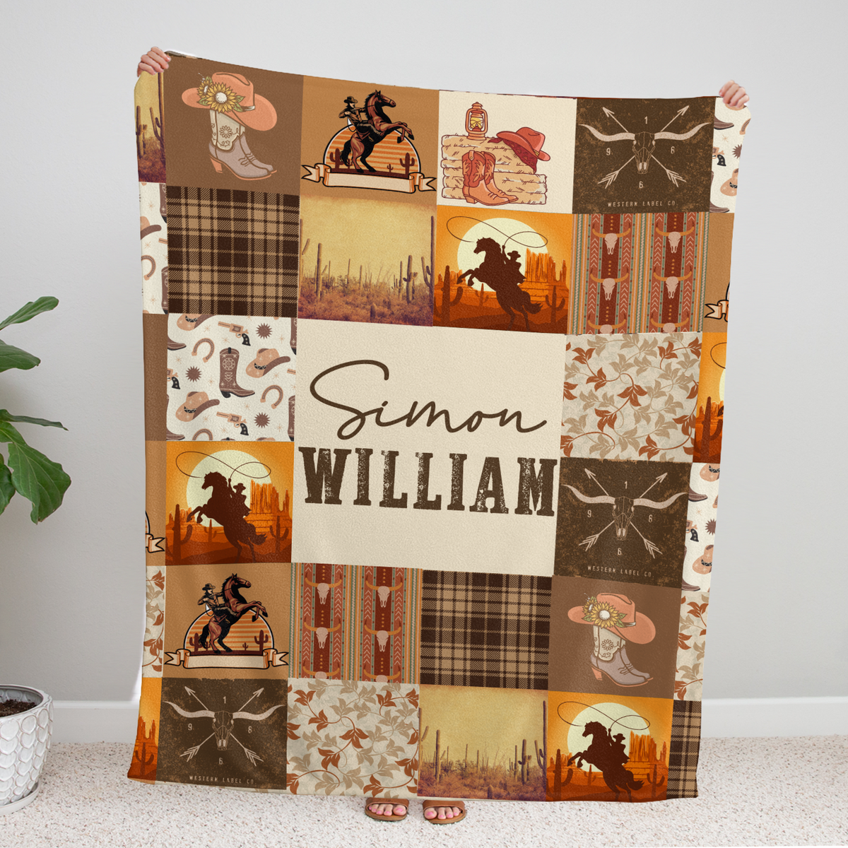 Cowboy Personalized Baby Blankets, Brown Baby Western Blanket for Baby, Custom Baby Blankets Name Fleece Blankets for Infant Newborn Son Daughter