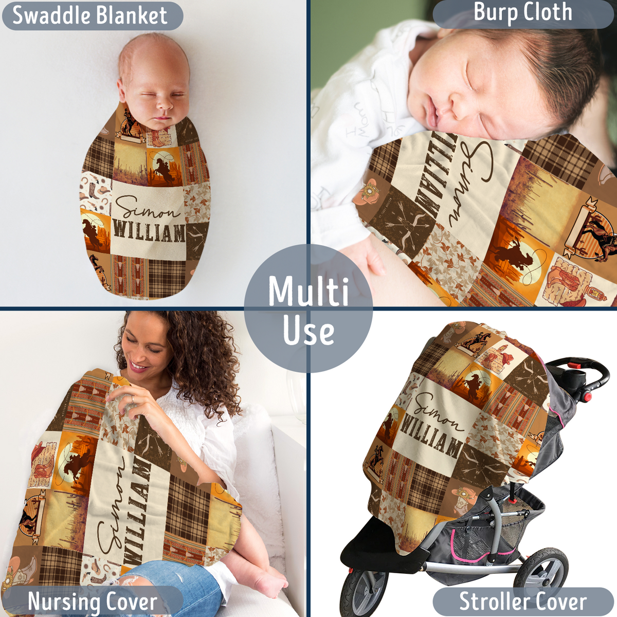 Cowboy Personalized Baby Blankets, Brown Baby Western Blanket for Baby, Custom Baby Blankets Name Fleece Blankets for Infant Newborn Son Daughter
