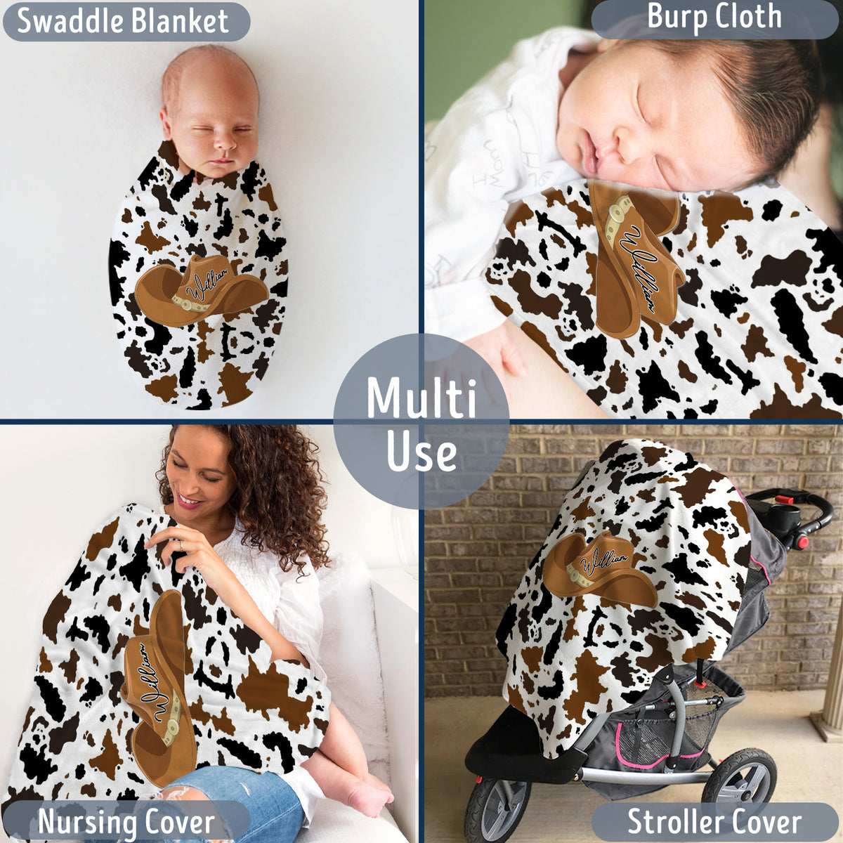 Cowhide Baby Blankets, Cow Print Personalized Baby Blankets for Boys, 3 Sizes Fleece Blankets for Infant Newborn Son Daughter