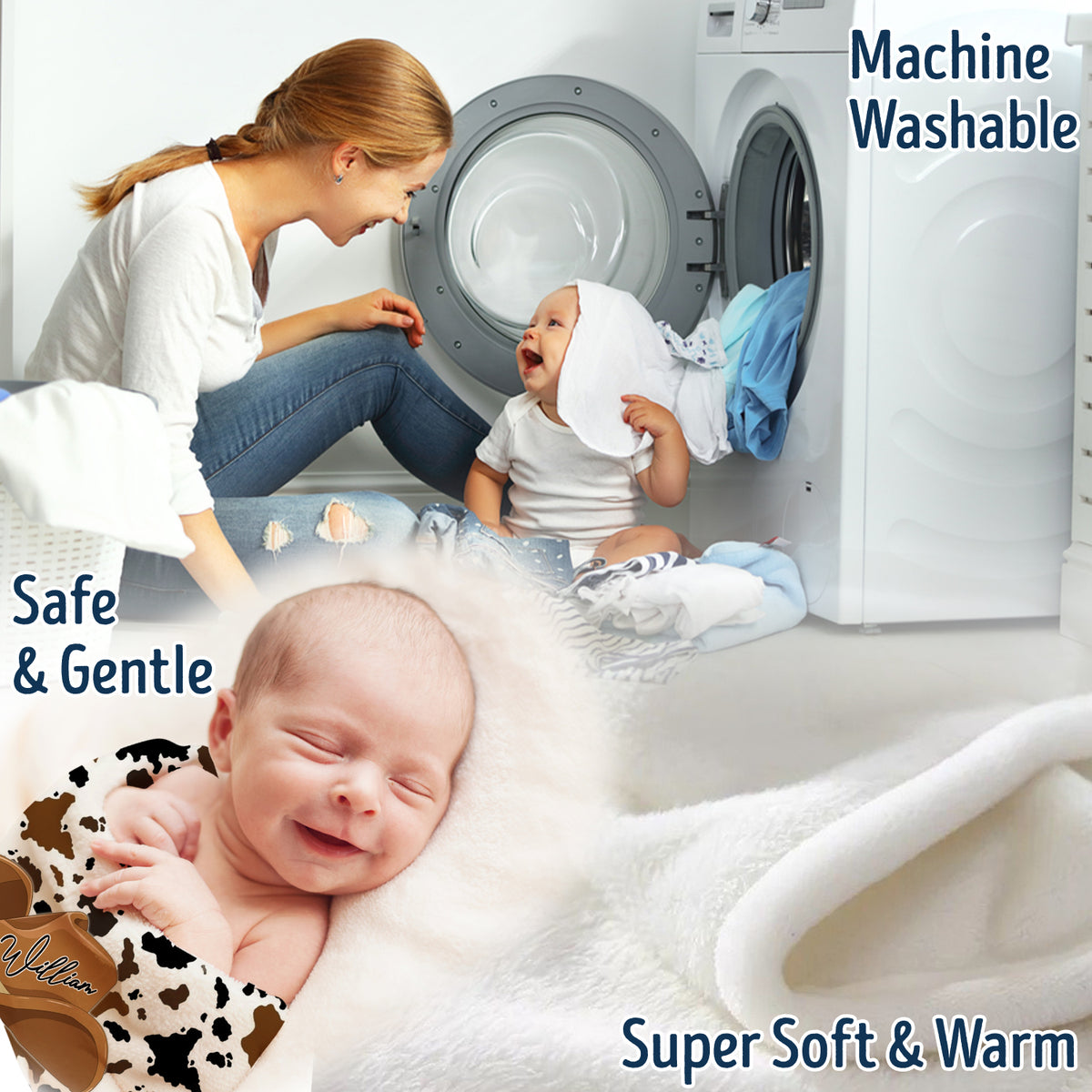 Cowhide Baby Blankets, Cow Print Personalized Baby Blankets for Boys, 3 Sizes Fleece Blankets for Infant Newborn Son Daughter