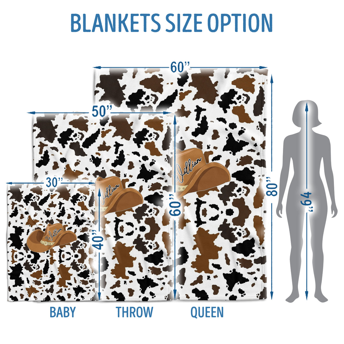 Cowhide Baby Blankets, Cow Print Personalized Baby Blankets for Boys, 3 Sizes Fleece Blankets for Infant Newborn Son Daughter