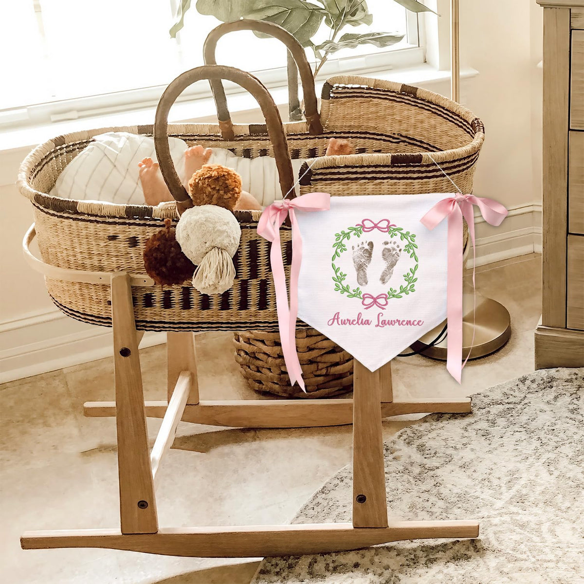 Custom Baby Banner with Bows, Baby Announcement Sign Gift for New Parents, Footprint Sign for Newborn, Baby Name Reveal