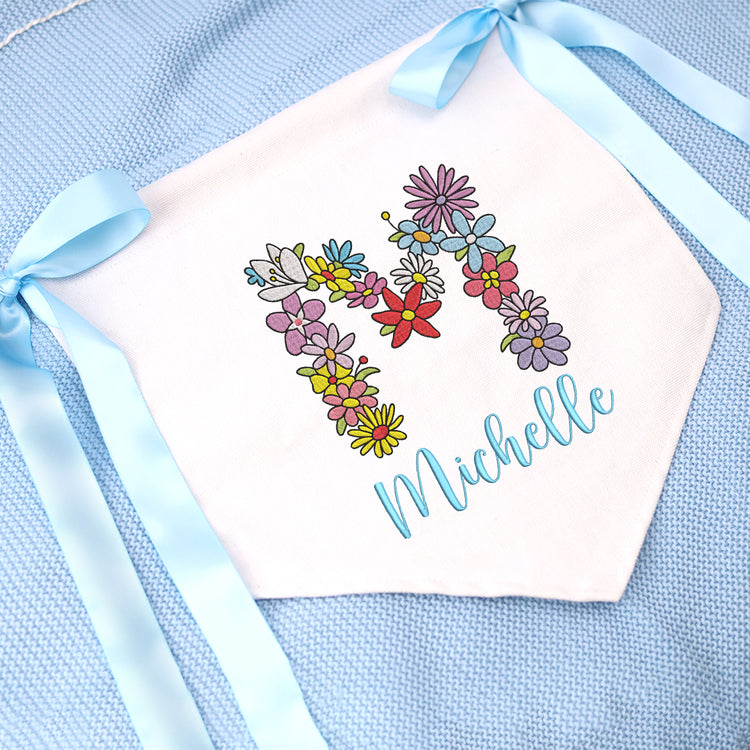 Custom Baby Banner with Embroidered Flowers Initial Name, Welcome Banner, Hospital Door Sign, Baby Crib Hanging Flag, Custom Baby Flag