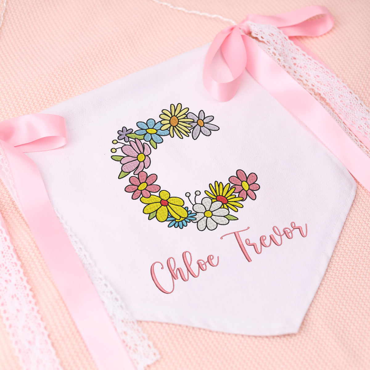 Custom Baby Banner with Embroidered Flowers Initial Name, Welcome Banner, Hospital Door Sign, Baby Crib Hanging Flag, Custom Baby Flag