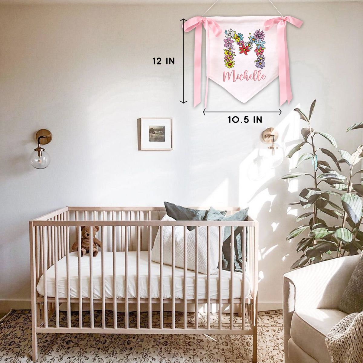 Custom Baby Banner with Embroidered Flowers Initial Name, Welcome Banner, Hospital Door Sign, Baby Crib Hanging Flag, Custom Baby Flag