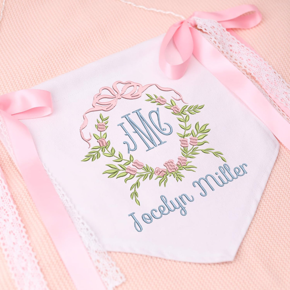 Custom Baby Banner with Embroidered Monogrammed Name, Welcome Banner, Hospital Door Sign, Baby Shower with Bows, Baby Crib Hanging Pennant Flag, Baby Room Front Door Sign, Nursery Wall Décor