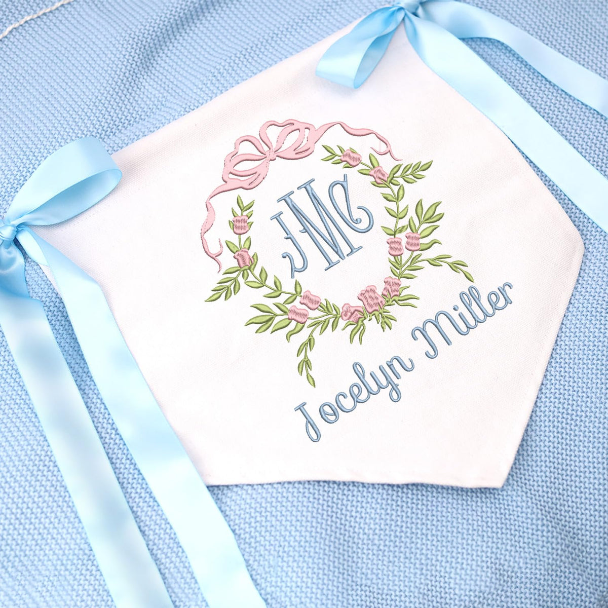 Custom Baby Banner with Embroidered Monogrammed Name, Welcome Banner, Hospital Door Sign, Baby Shower with Bows, Baby Crib Hanging Pennant Flag, Baby Room Front Door Sign, Nursery Wall Décor