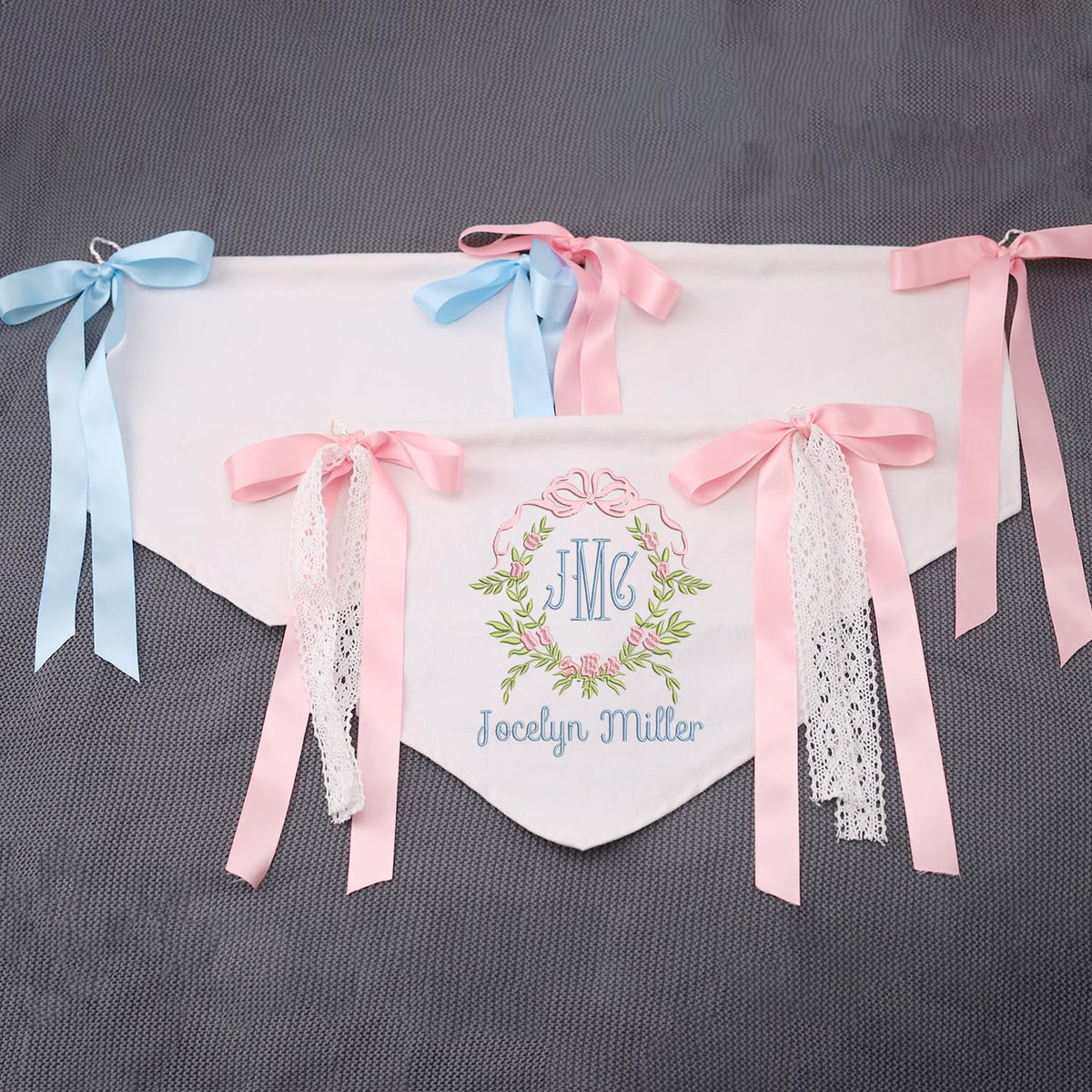 Custom Baby Banner with Embroidered Monogrammed Name, Welcome Banner, Hospital Door Sign, Baby Shower with Bows, Baby Crib Hanging Pennant Flag, Baby Room Front Door Sign, Nursery Wall Décor