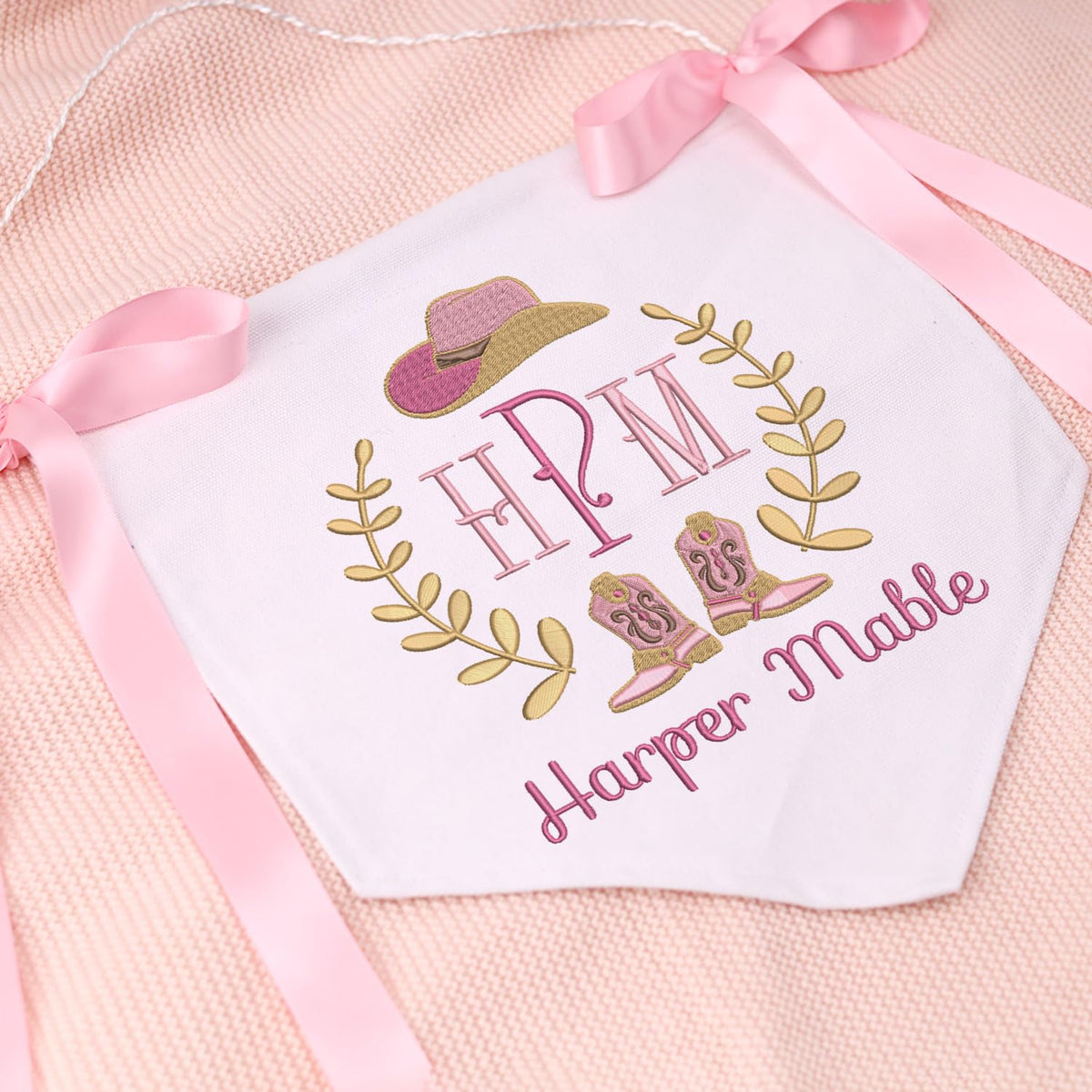 Custom Baby Banner with Embroidered Name, Cowboy Welcome Banner, Baby Shower with Bows, Baby Crib Hanging Pennant Flag