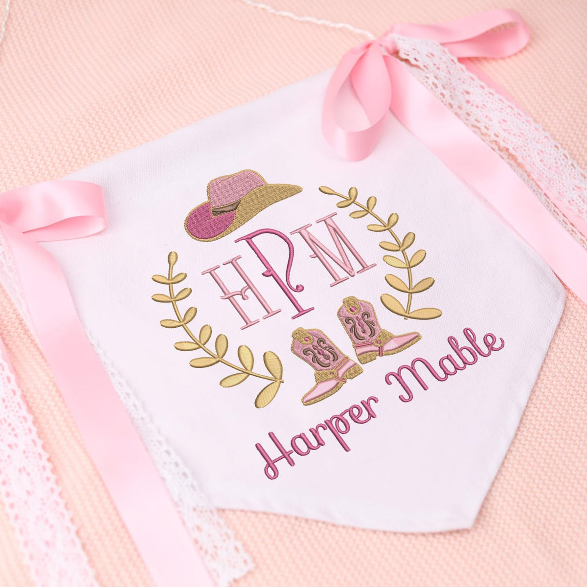 Custom Baby Banner with Embroidered Name, Cowboy Welcome Banner, Baby Shower with Bows, Baby Crib Hanging Pennant Flag