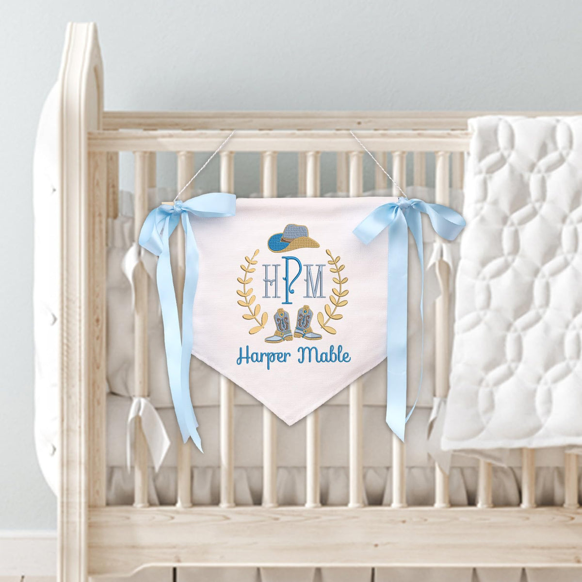 Custom Baby Banner with Embroidered Name, Cowboy Welcome Banner, Baby Shower with Bows, Baby Crib Hanging Pennant Flag